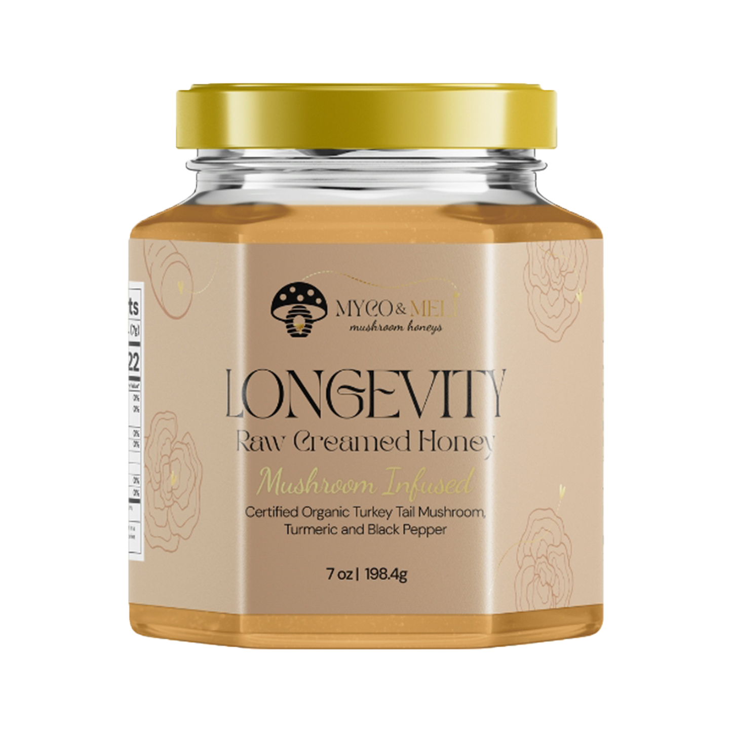 Longevity: Raw Creamed Honey with Organic Turkey Tail, Turmeric, and Black Pepper.