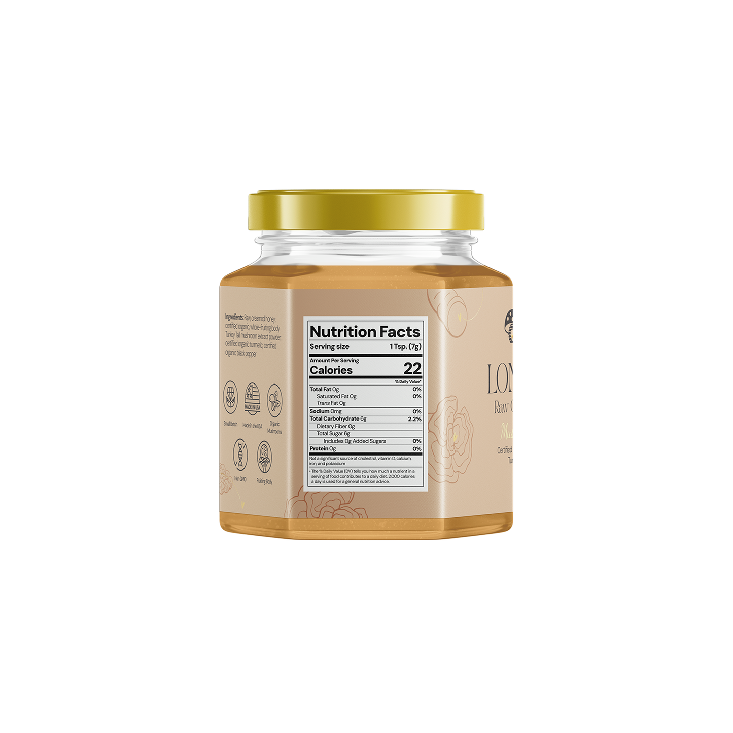 Longevity: Raw Creamed Honey with Organic Turkey Tail, Turmeric, and Black Pepper.